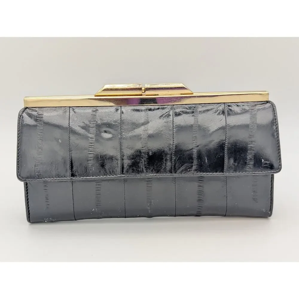 💜Vintage 1980s Black Genuine Eel Skin Kiss-Lock Clutch Wallet